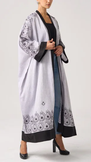 Cotton Linen Peacock Feather Cardigan Abaya-inspireuse