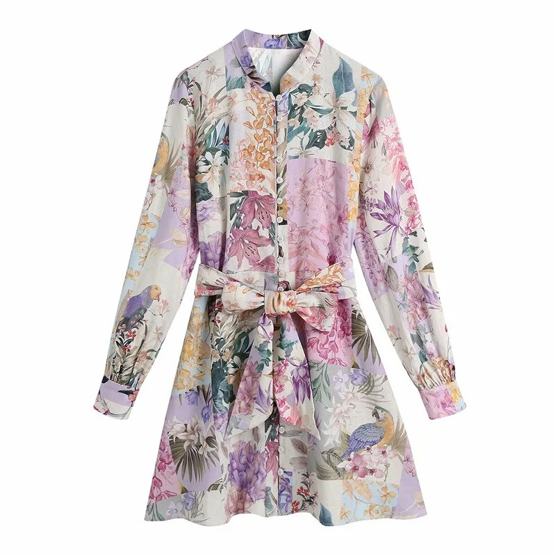 Evfer Spring Summer New Fashion Flower Print Za Mini Dresses Women Elegant Single Breasted Long Sleeve Dress With Belt Chic