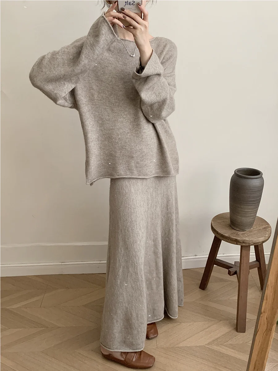 Athvotar Athvotar New Lazy Wind Loose Top + Fishtail Dress Set Women's Round Collar Knitting Set Bright