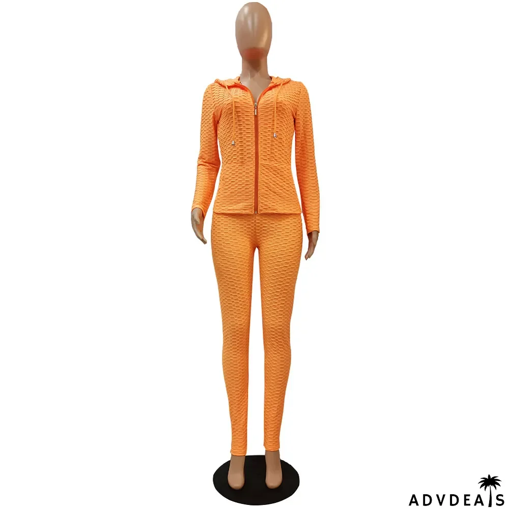 Solid Hooded Long Sleeve Zipper 2 Piece Pants Set