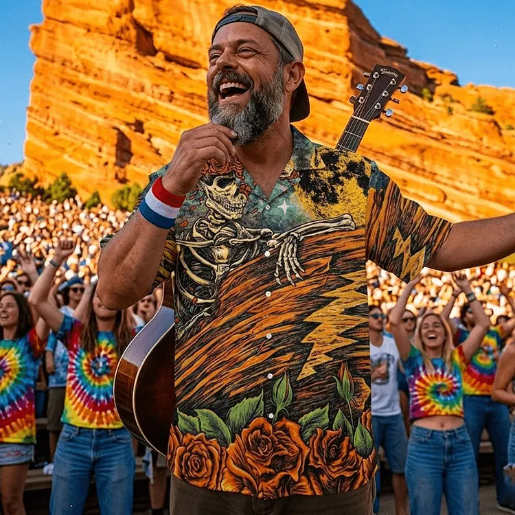 Vintage Grateful Dead Skull & Bear &Terrapin Graphic Cuban Collar Short Sleeve Shirt &ndash; Unisex Retro Cotton Top