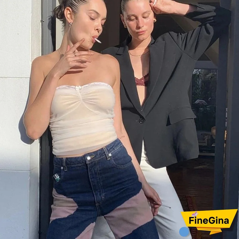 Y2K Fairy Grunge Mesh Lace Crop Top Women Vintage Sexy Bustier Corset Shirt Wholesale Tank Tops Summer Club Cami