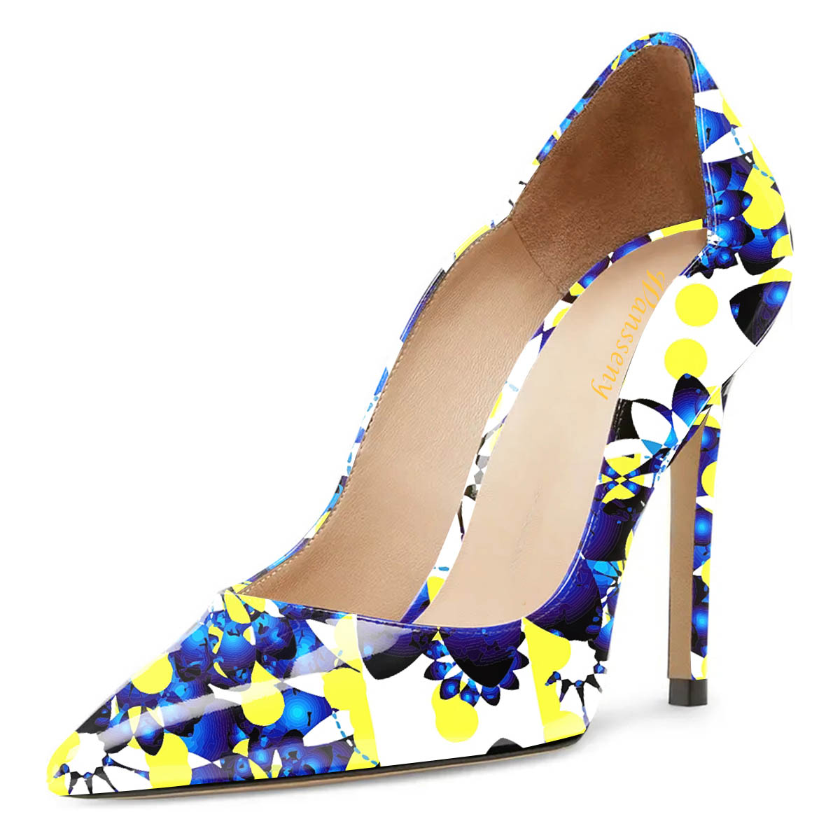 Blue Floral Print Vegan Leather Pointed Toe Stiletto Heels Nicepairs