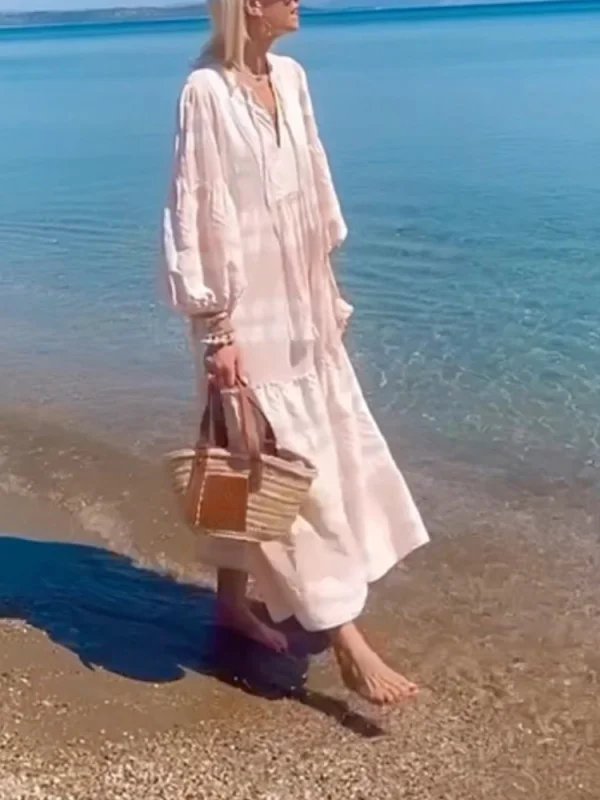 Women's white V-neck casual long sleeved dress
