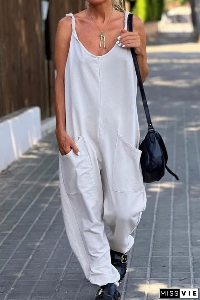 Casual Simplicity Solid Pocket U Neck Loose Jumpsuits(12 Colors)