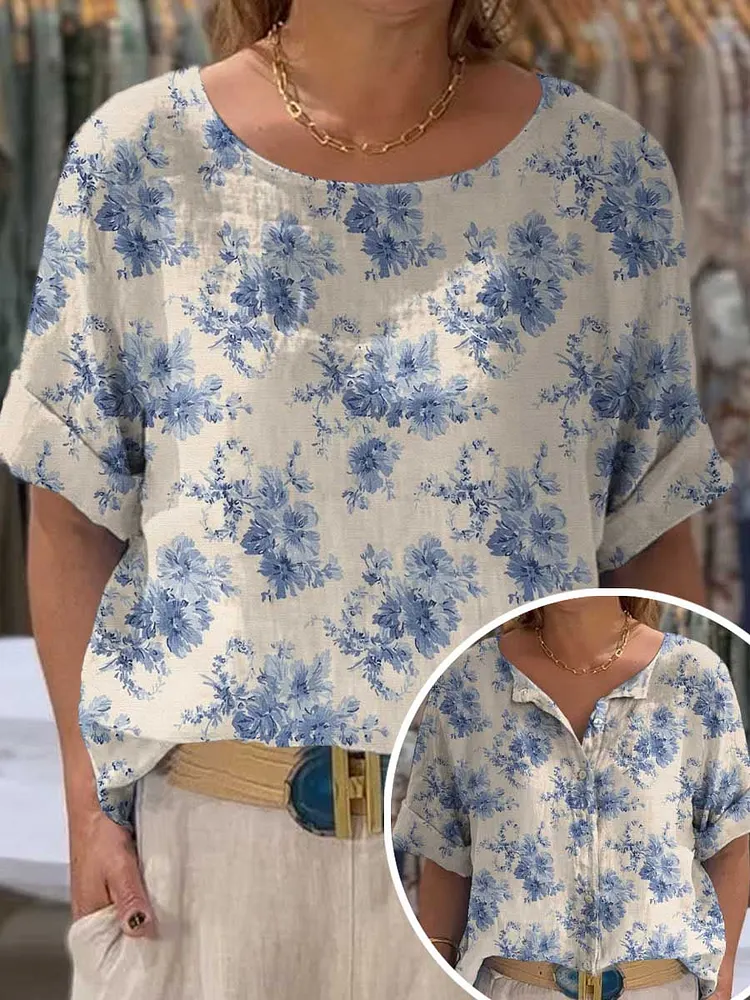 Women's Vintage Lovely Floral Art Print Front And Back Wear Short Sleeve Cotton Shirt