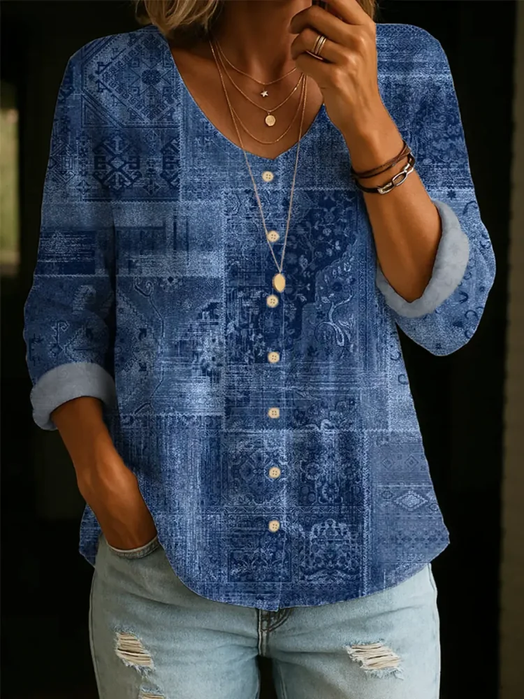 Women's Vintage Pattern Art Print Casual Cotton Shirt