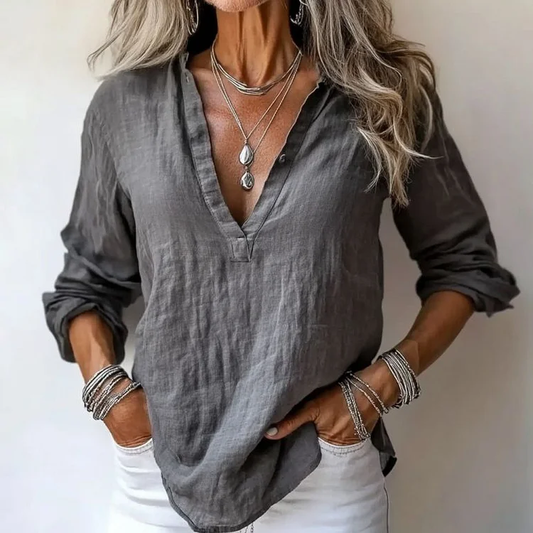 VChics Vintage V Neck Cotton Linen Comfy Shirt