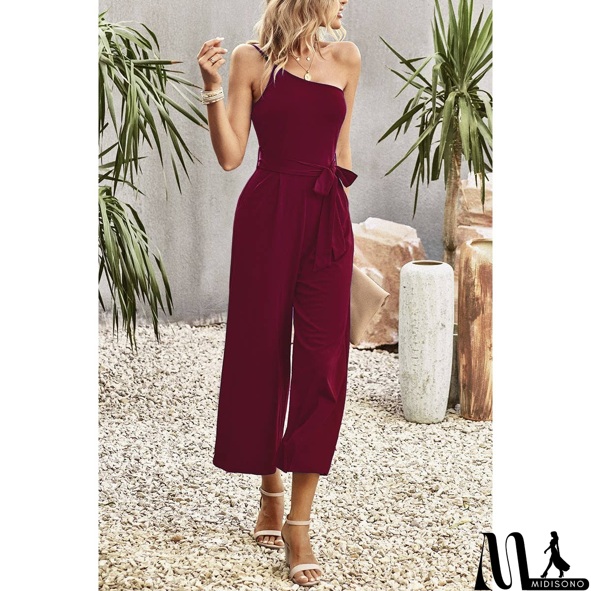 MidiSono - One Shoulder Belt Knot High Waist Jumpsuit