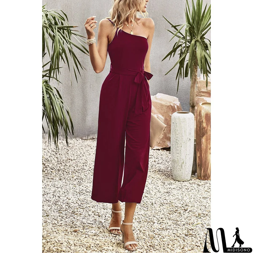 MidiSono - One Shoulder Belt Knot High Waist Jumpsuit