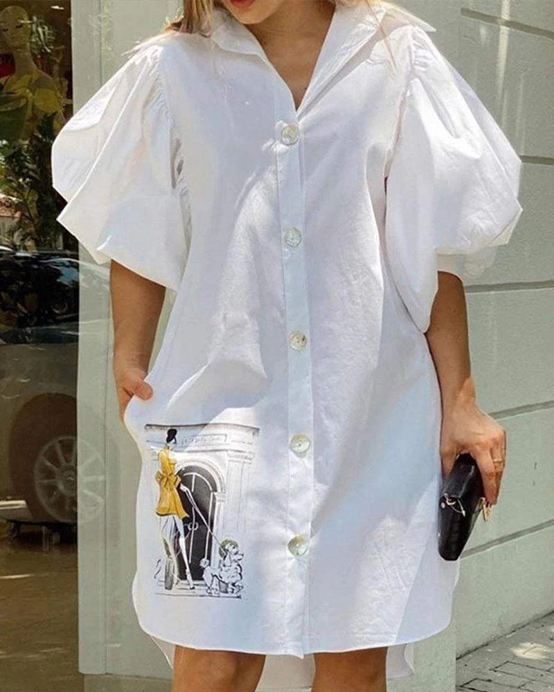 Lapel Single Breasted Lantern Sleeve Dress