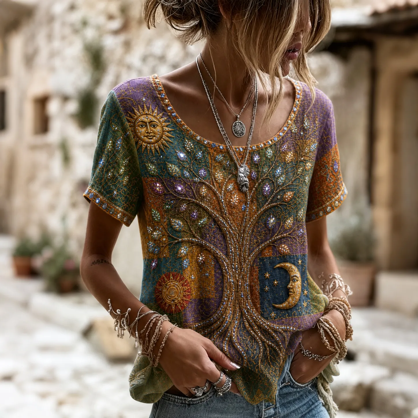 Comstylish Women's Vintage Hippie Colorful Tree Of Life Sun Moon Patchwork Art Linen Blend Short Sleeve Tops