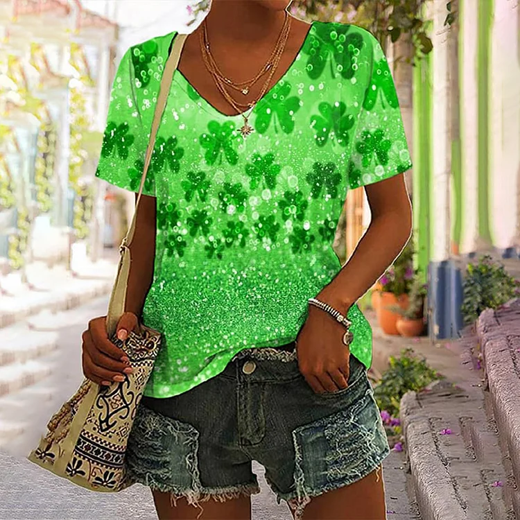 VChics St. Patrick's Day Glitter Shamrock Print Casual V-Neck T-Shirt