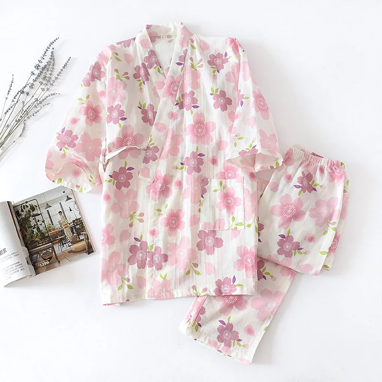 Cherry Blossom Cotton Gauze Pajama Set Radinnoo.com
