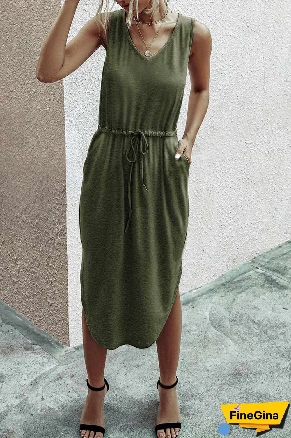 Casual Drawstring Tank Dress With Pocket