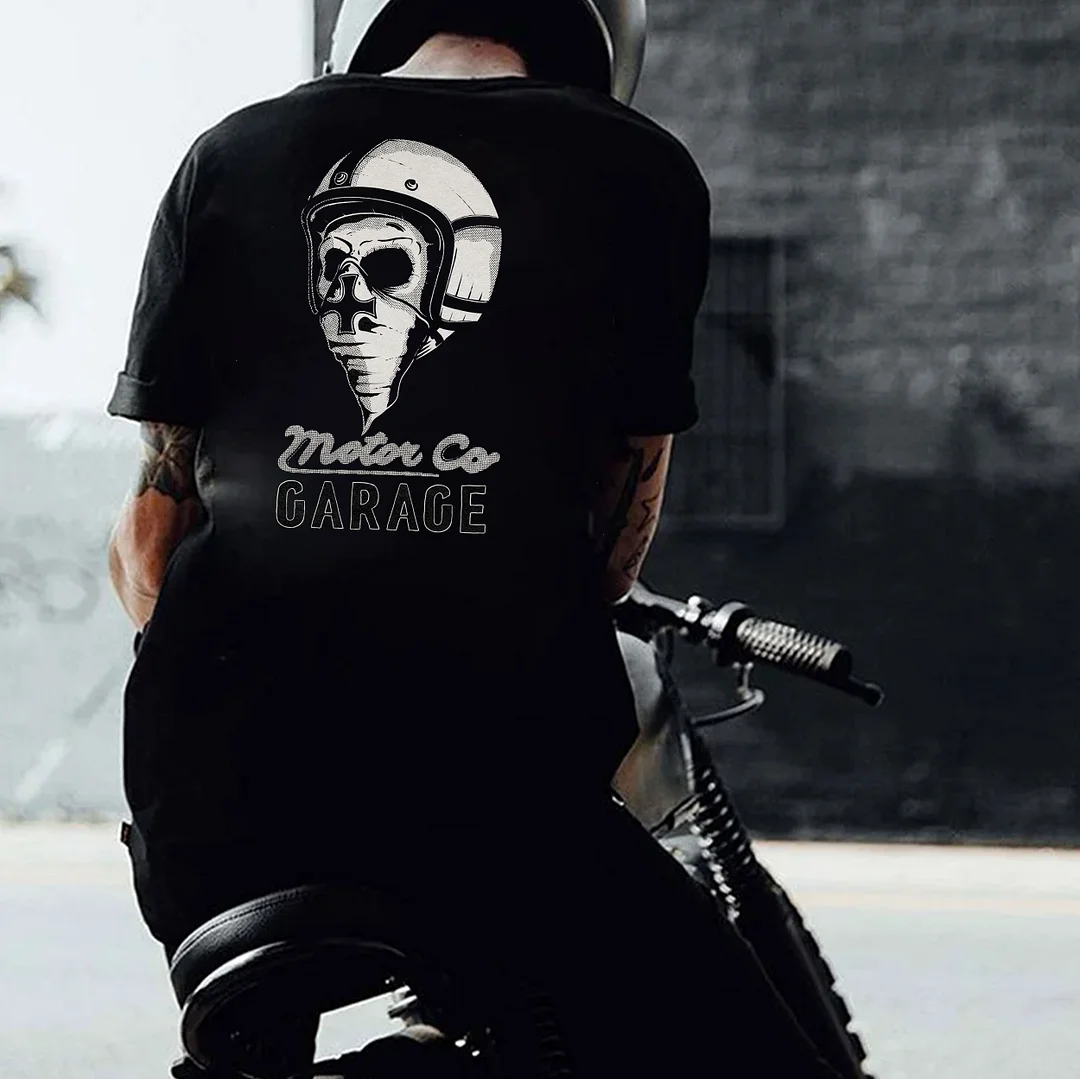 MOTOR GARAGE Skull with Helmet Black Print T-Shirt