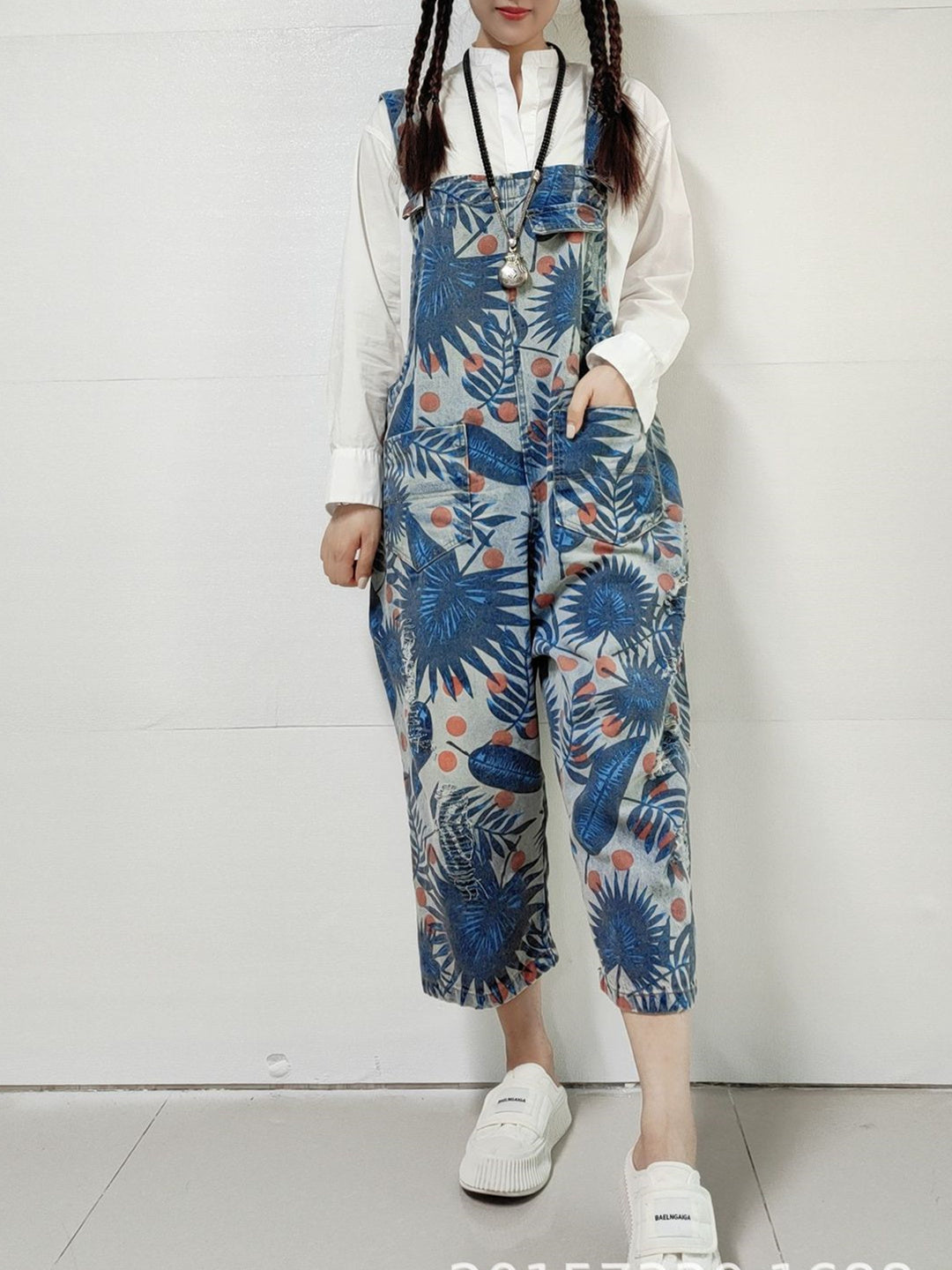 Women's Hole Floral Printed Casual Retro Cropped Workwear Denim Overalls Jumpsuit
