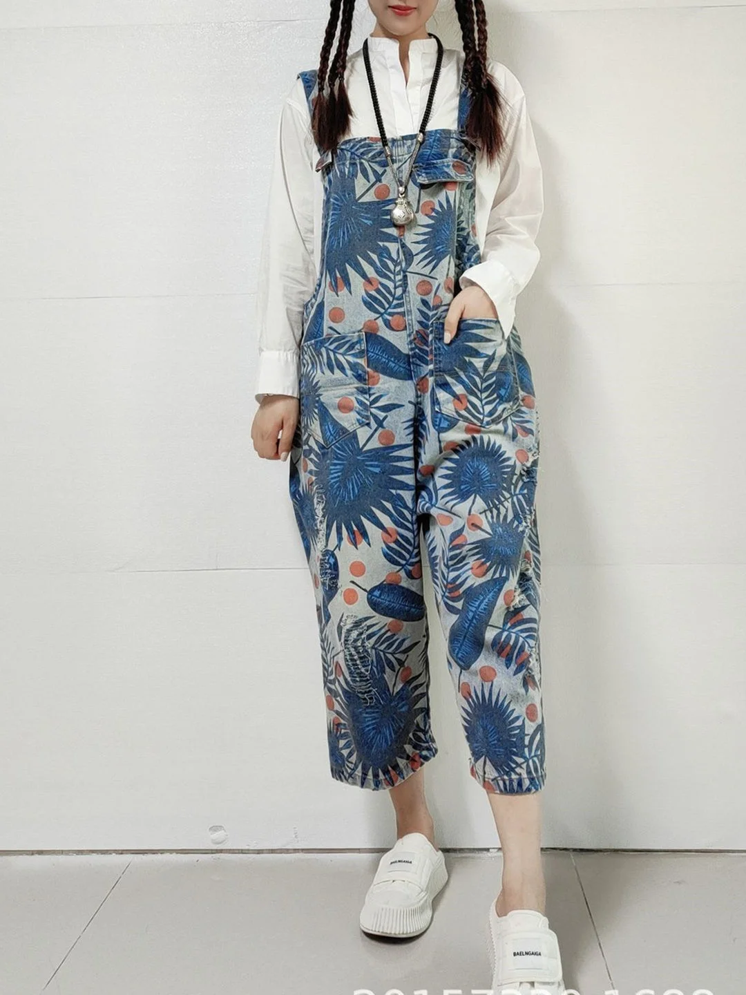 Women's Hole Floral Printed Casual Retro Cropped Workwear Denim Overalls Jumpsuit