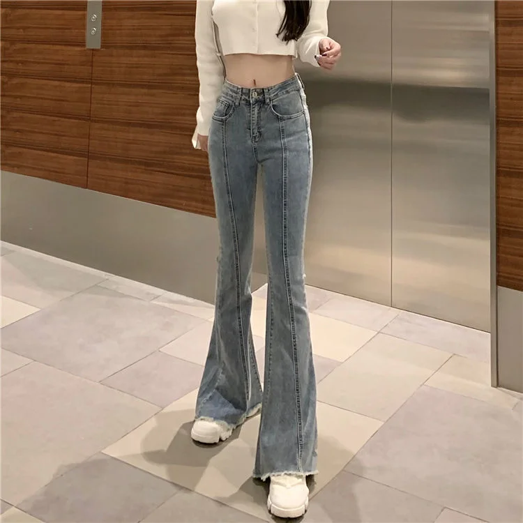 Streetwear High Waist Bell Bottom jeans Women Vintage Stretch Skinny Flare Denim pants Ladies Casual Light blue Long trousers