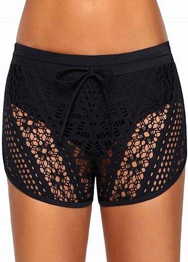 Drawstring Waist Lace Panel Black Swimwear Shorts