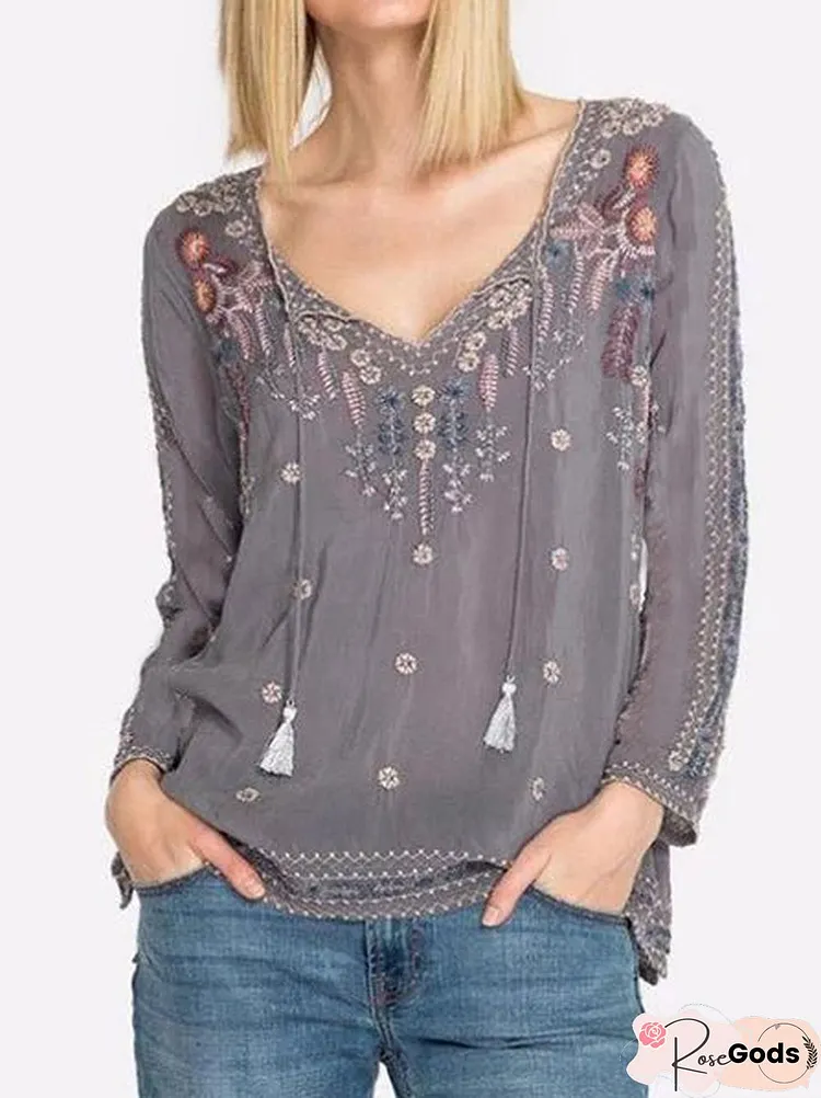 Embroidered Long Sleeve Blouse