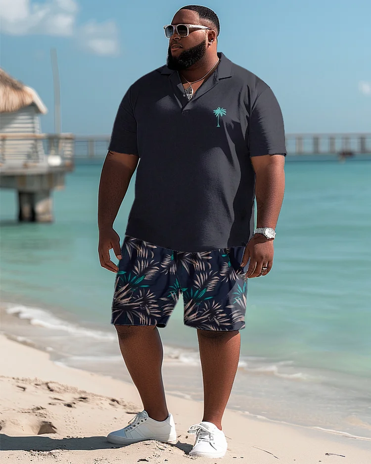Hawaiian Tropical Coconut Leaf Pattern Colorblock Shorts Men's Plus Size Set