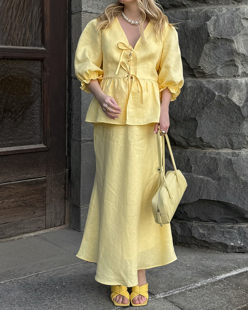 Puff Sleeve V Neck Tie Top & Maxi Skirt Set
