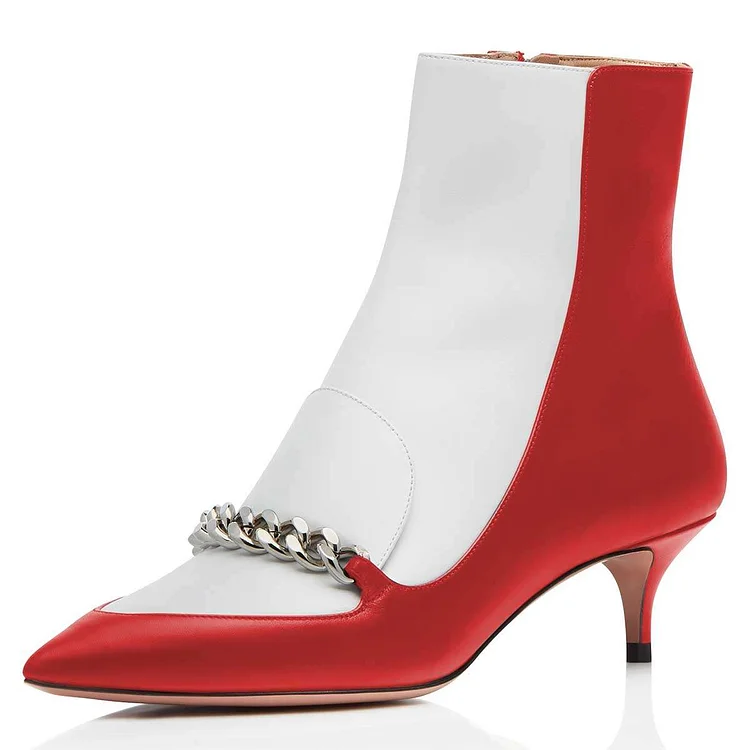 Red and White Pointed Toe Kitten Heel Ankle Boots with Chain |FSJ Shoes
