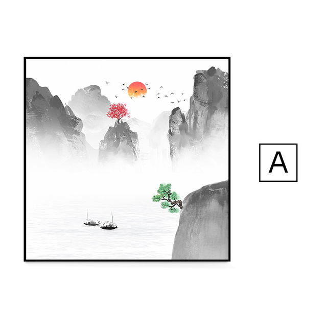 Chinese Style Landscape Canvas Painting Wall Art Posters and Prints Decorative Lake Mountain Sun Bird Pictures for Living Room