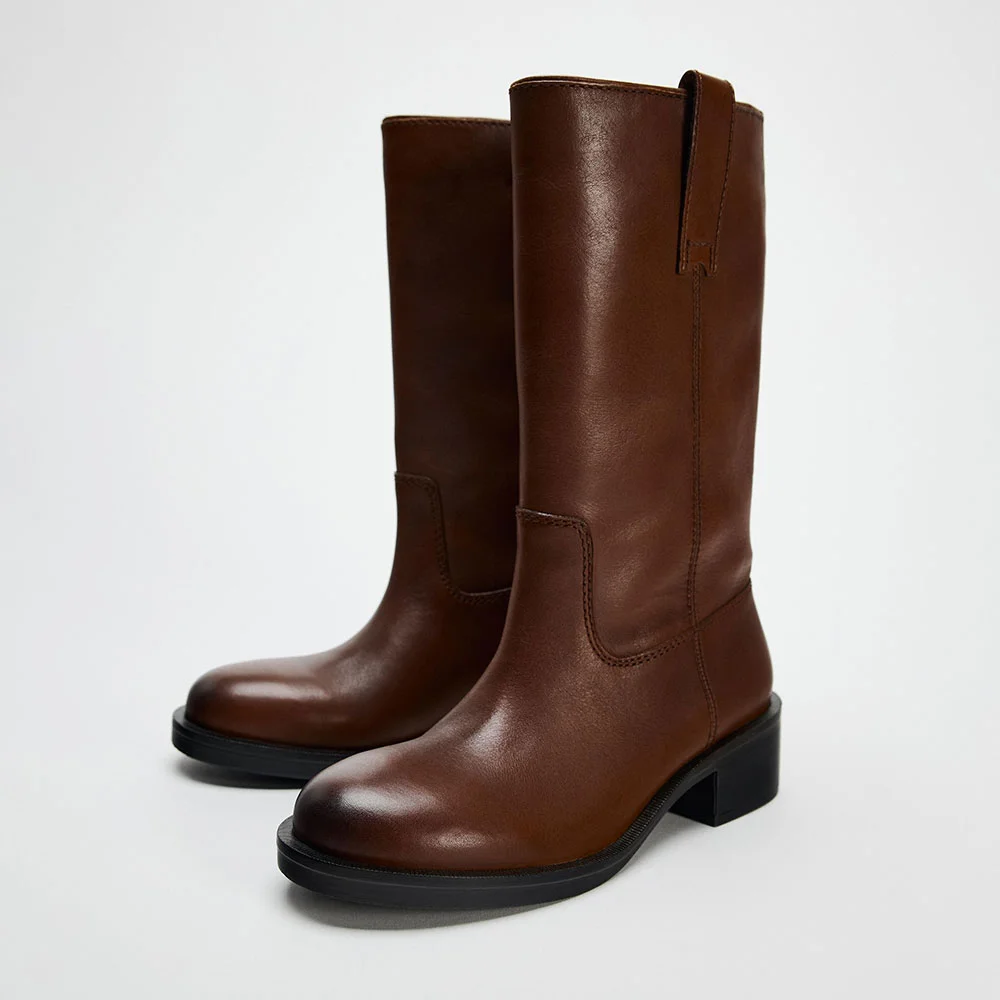 Classic Brown Round Toe Chunky Heel Pull Strap Wide Mid Calf Boots