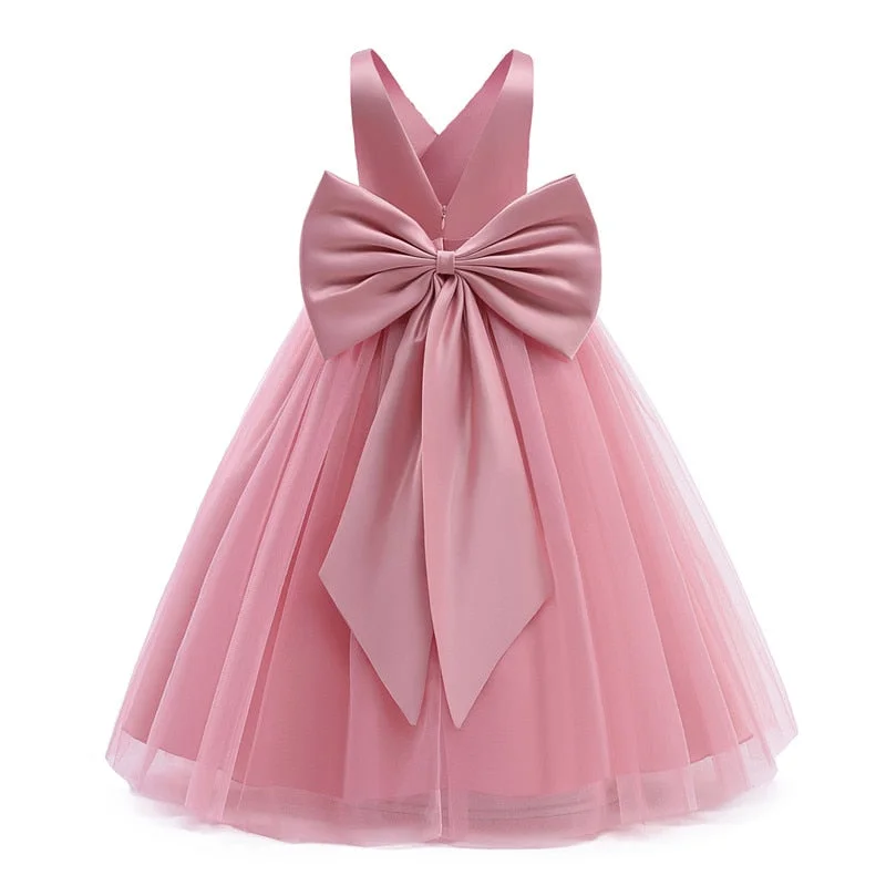 Elegant Girls Big Bow Dress Teen Girl White First Communion Ceremony Long Robe Clothing Kids Bridesmild Summer V-Neck Vestidos