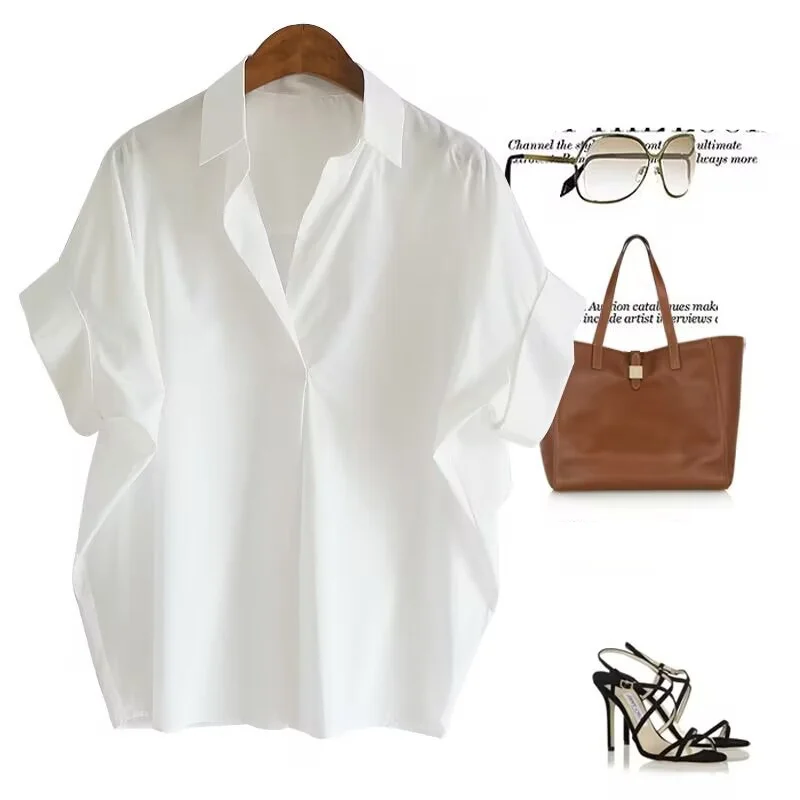 Uveng Uveng Hong Kong-Style Short-Sleeved Shirt Women's Summer New Ocean With White Shirt Loose Bat Sleeve Collar Top
