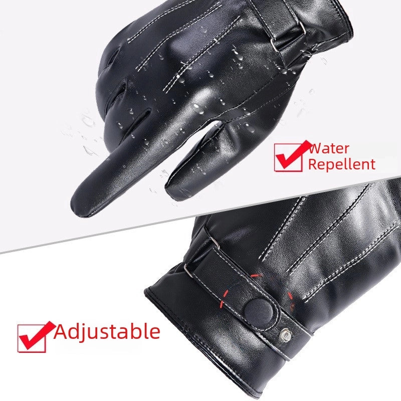 Winter Men’s Three-line Warm Gloves Cycling Fleece-lined Touch Screen Gloves Motorcycle Thickened Winter Leather Gloves Windproof