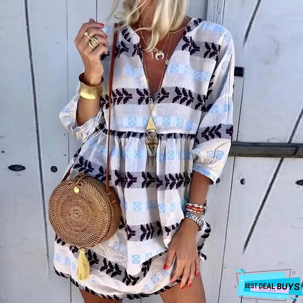 Women Casual Printed Three Quarter Sleeve Autumn Sexy V-neck Mini Party Vintage Plus Size Dresses