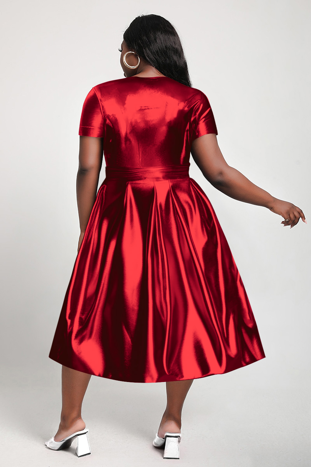 Design Plus Size Party Midi Dresses Elegant Red Fall Winter Crew Neck Short Sleeve Fold A-Line Metallic Glitter Fabric Midi Dresses