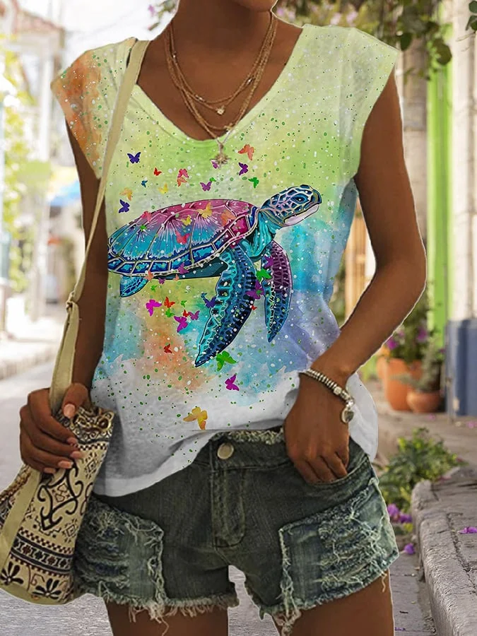 🔥Buy 3 Get 10% Off🔥Women's Sea Turtle Print Sleeveless Tee