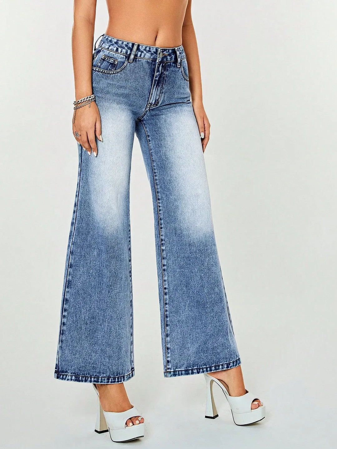 Women's High Waist Casual Wide Leg Denim Jean Pants