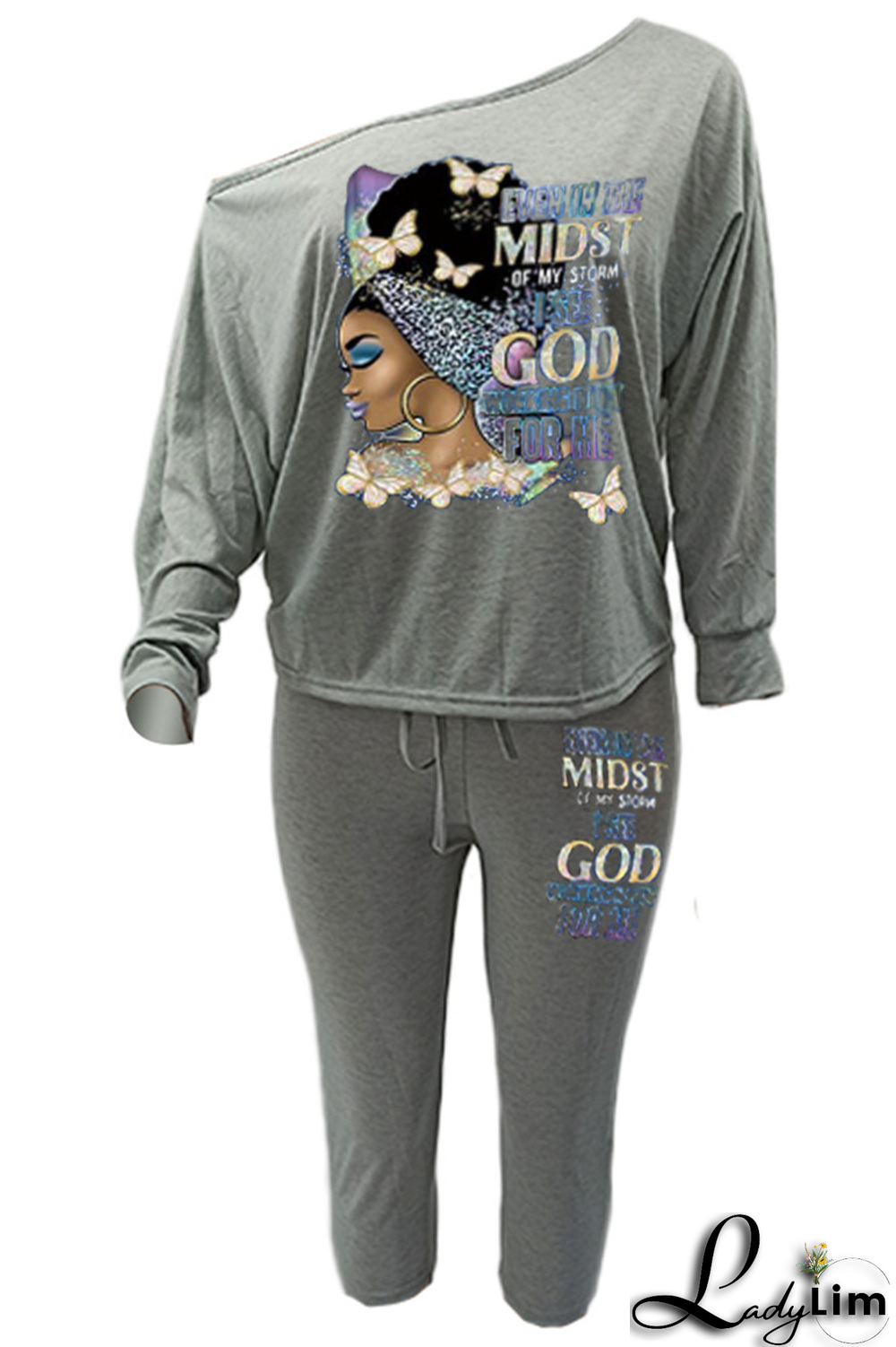 Black Fashion Print Patchwork One Shoulder Long Sleeve Two Pieces