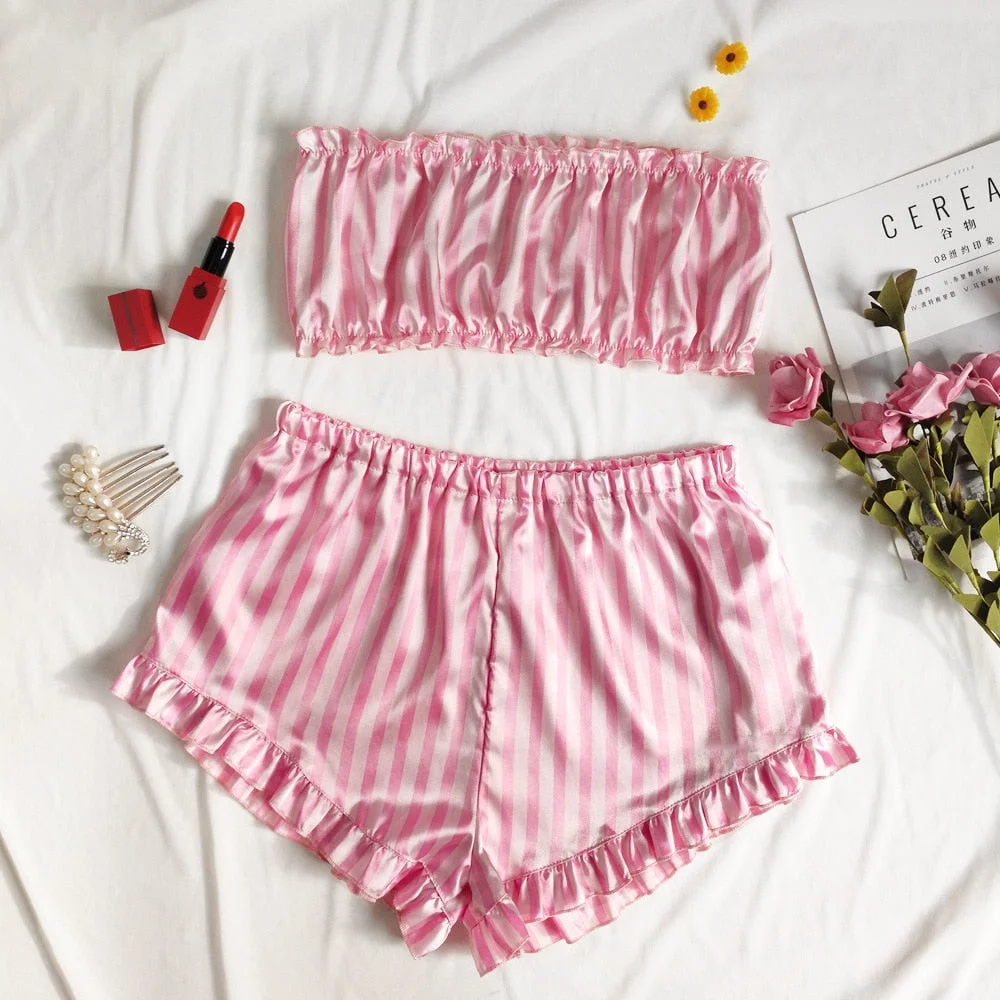 S-XL Women Two-piece Nightwear Set Pink Striped Printed Pattern Strapless Crop Tops + Elastic Shorts Pajamas Sets