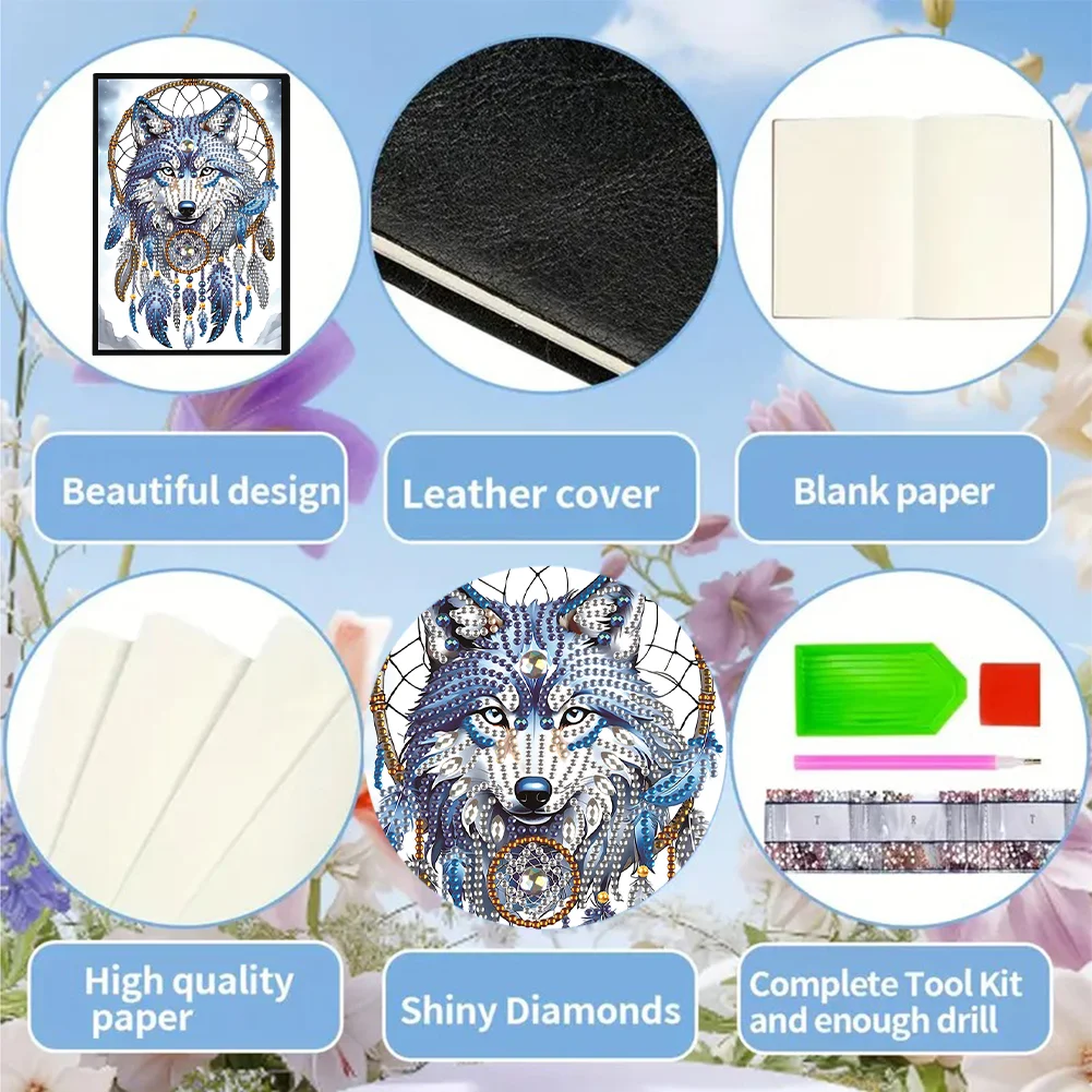 Animal Diamond Painting Notebook DIY Diamond Art Diary Book(Dreamcatcher Wolf B)