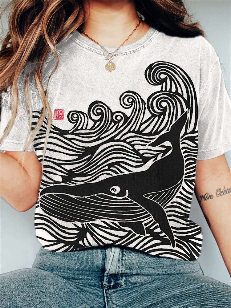 Whale & Waves Ancient Japanese Art Vintage T Shirt
