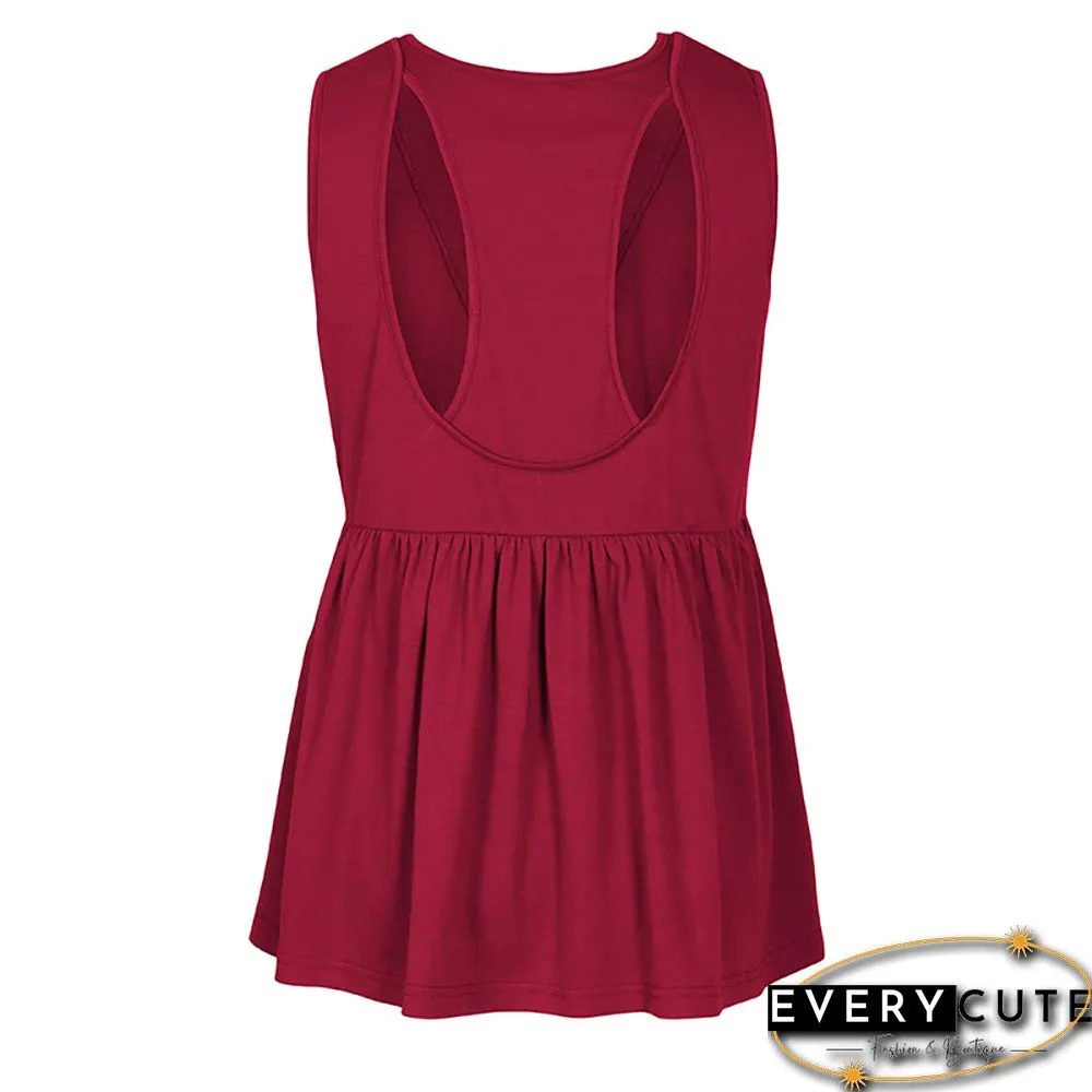 Wine Red Solid Buttoned Knit Loose Tank