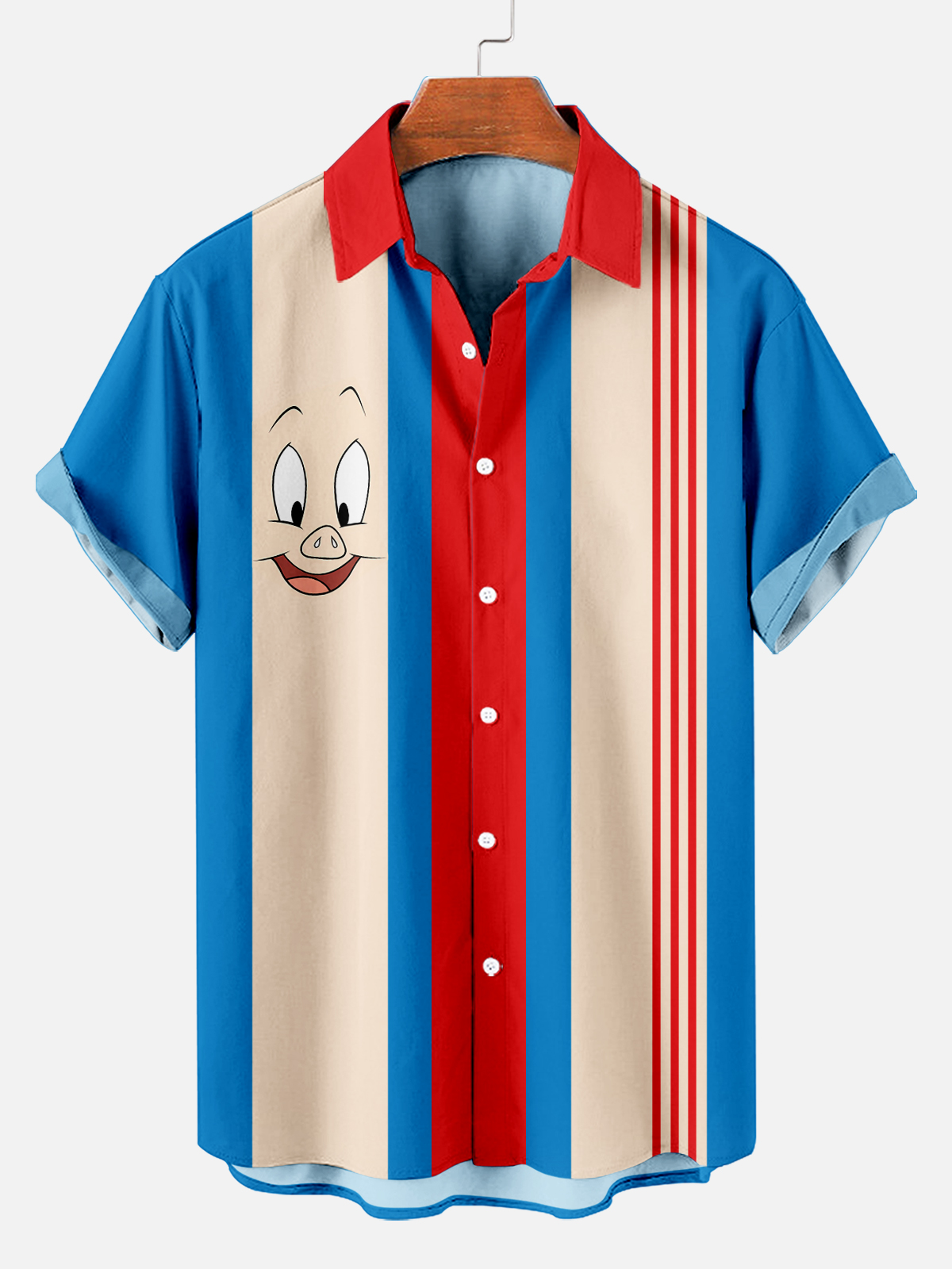 Retro Blue Cartoon Pig Stripe Print Short Sleeve Bowling Shirt PLUSCLOTHESMAN