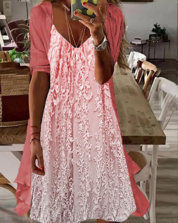 Fake Two Piece Waisted Round Neck Chiffon Coat Dress