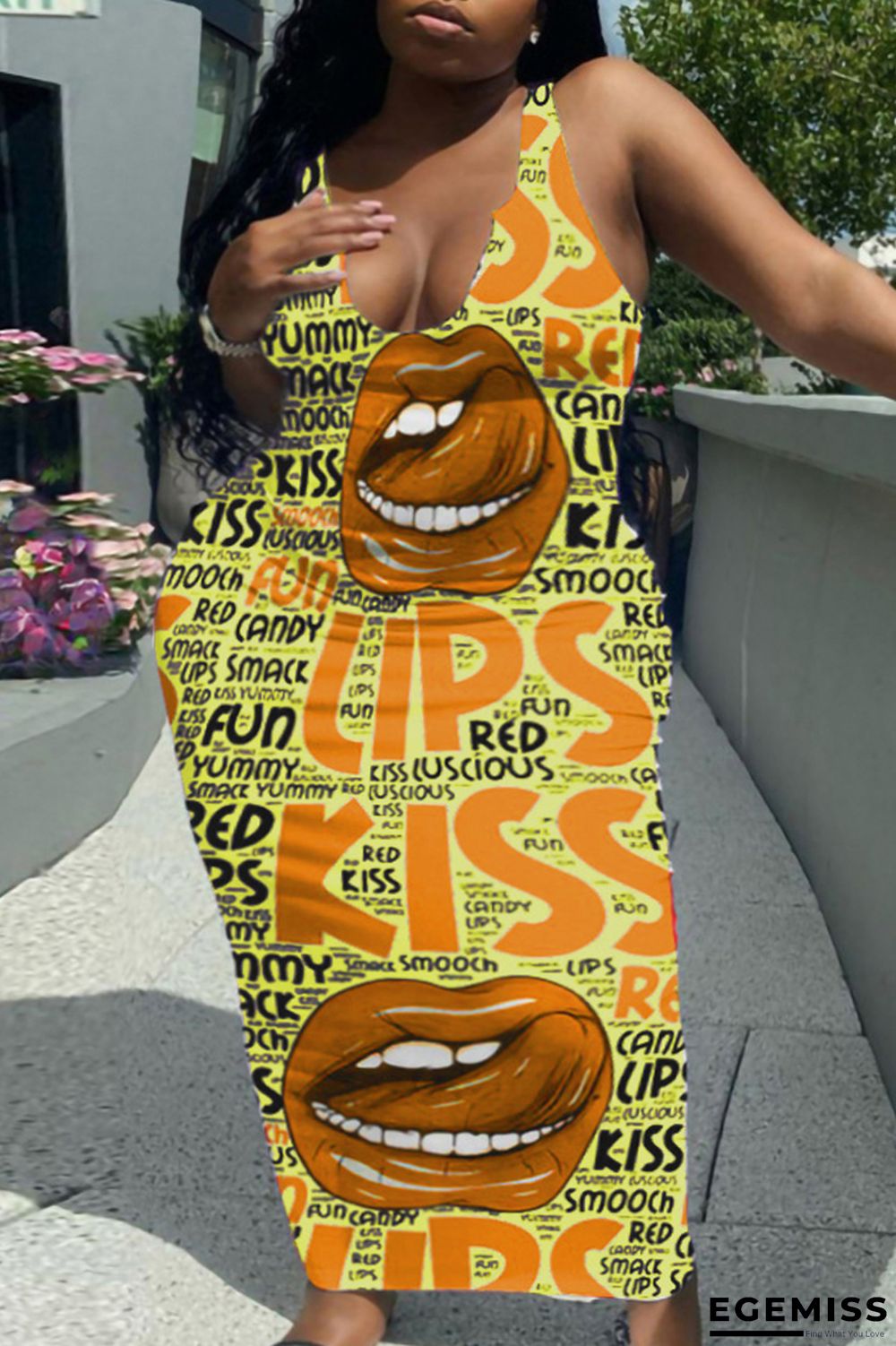 Yellow Fashion Sexy Plus Size Letter Lips Printed Basic U Neck Vest Dress | EGEMISS