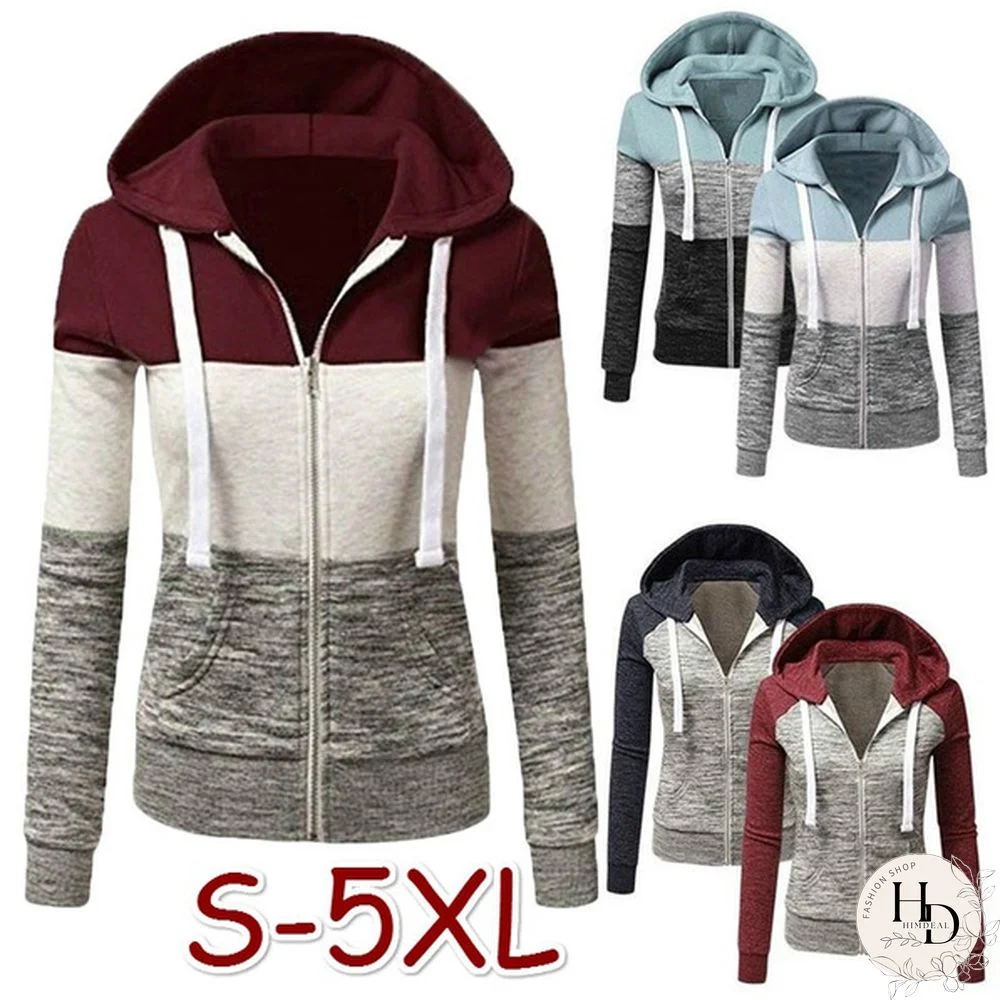 Plus Size Fashion Women Spring/Autumn Casual Long Sleeve Sweatshirts Colorful Patchwork Thin Zip-Up Hoodie Jacket for Drawstring Hoodies