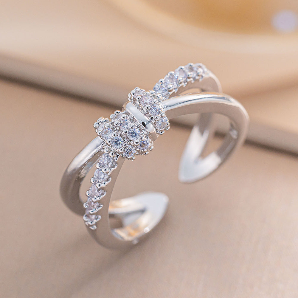 Simple Double-Layer Cross Ring Female Plain Ring Zircon Index Finger Ring Ins Fashion Style All-Match Open Ring