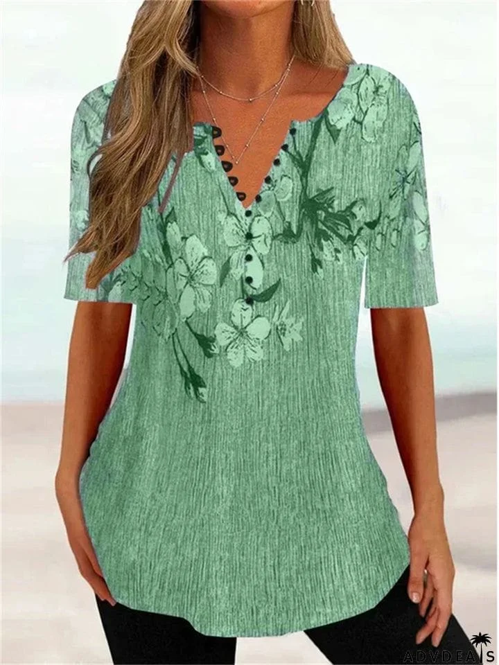 Chinese Style Orchid Loose V Neck Short Sleeve Tops for Women