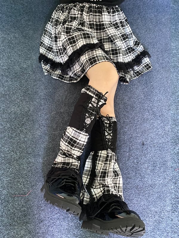 Gothic Dark College Style Color-block Checkered Ruffled Leg Warmer