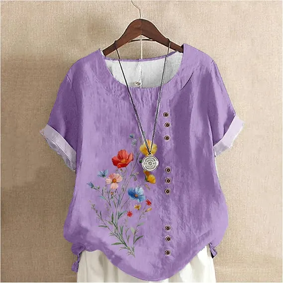 Women'S Colorful Flower Cotton And Linen Short Sleeve Top